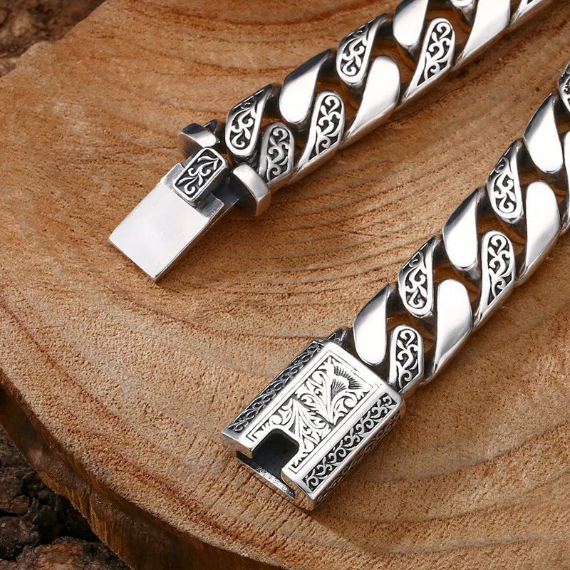 Men's 925 Sterling Silver Tangcao Pattern Cuban Bracelet by GJG Denim