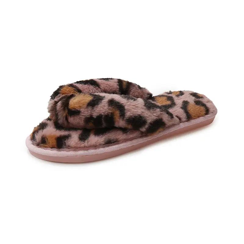 New Leopard Cross Fluffy Slippers Women's Home Indoor Fashion Plush Cotton Slippers Flip-flops Women by GJG Denim