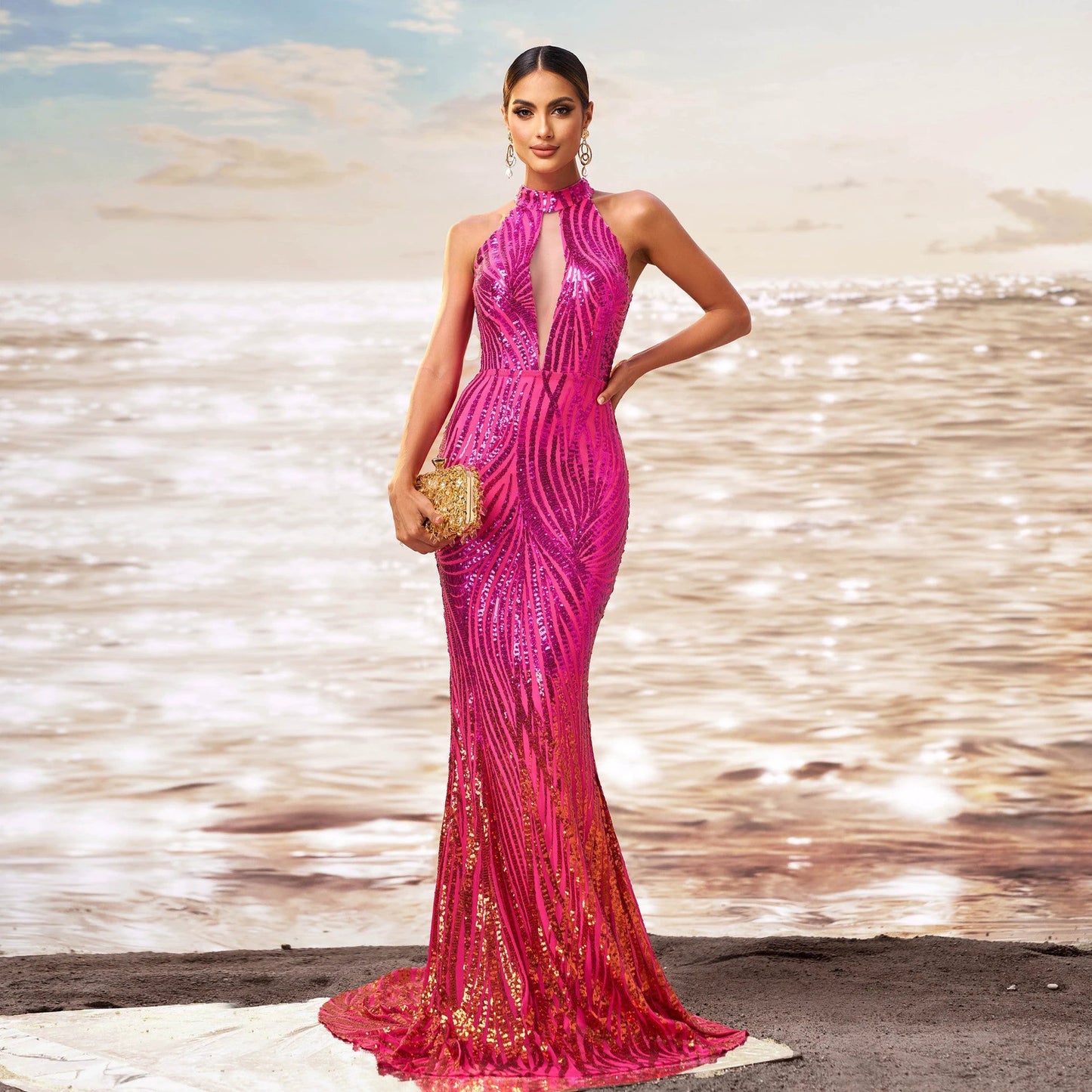 Round Neck Off-the-shoulder Slim-fit Sheath Sequined Banquet Fishtail Evening Dress by GJG Denim