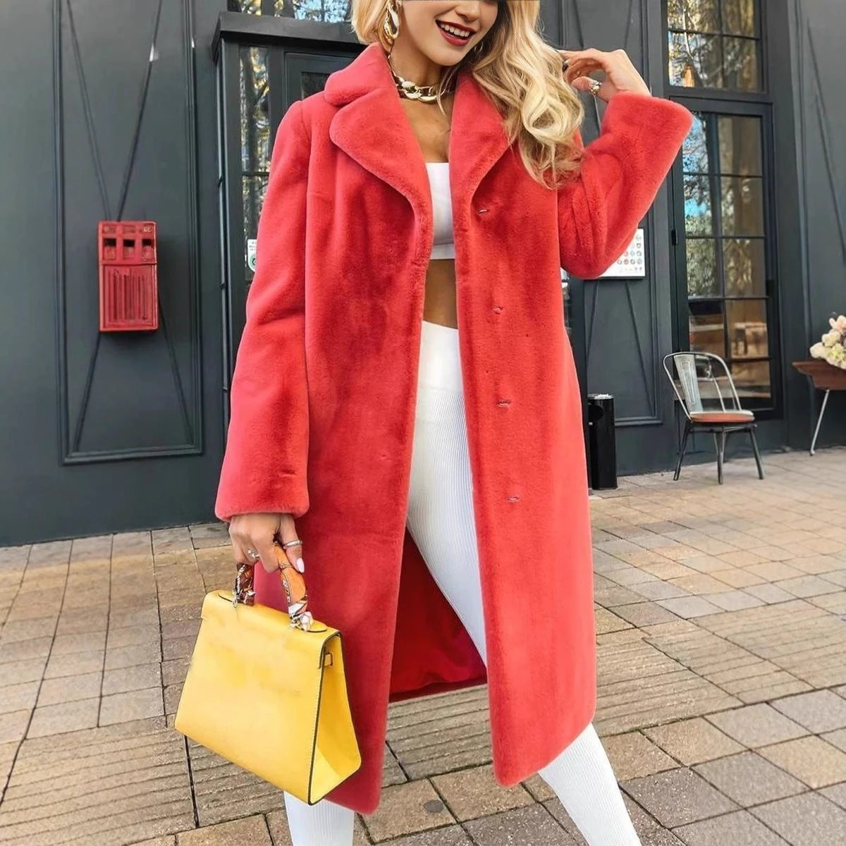 Women's Fashionable Elegant Lace-up Turn-down Collar Plush Long Coat by GJG Denim