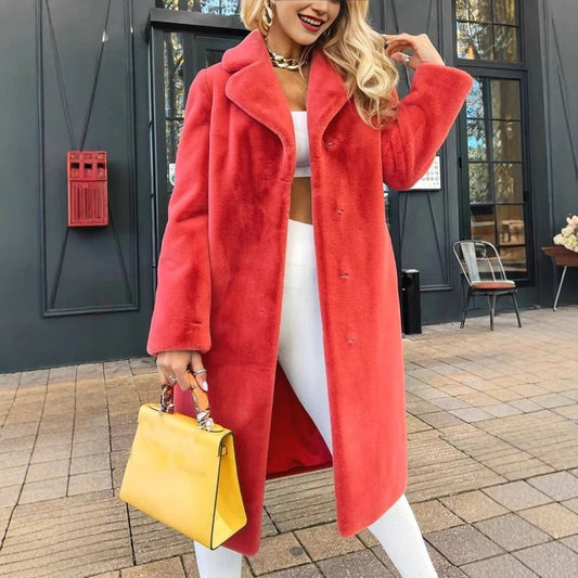 Women's Fashionable Elegant Lace-up Turn-down Collar Plush Long Coat by GJG Denim