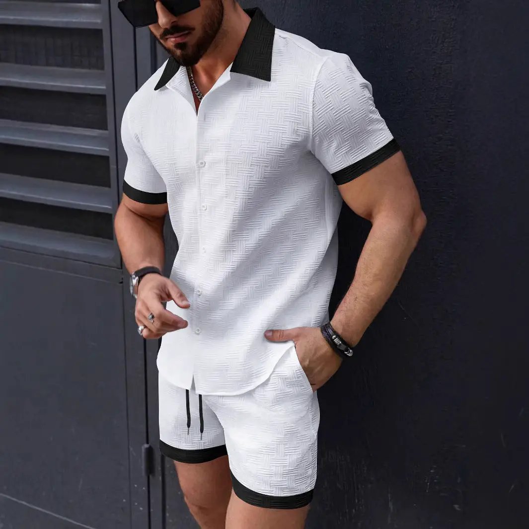 Mens Casual Color-Block Short-Sleeve Shirt And Shorts Beach Set by GJG Denim