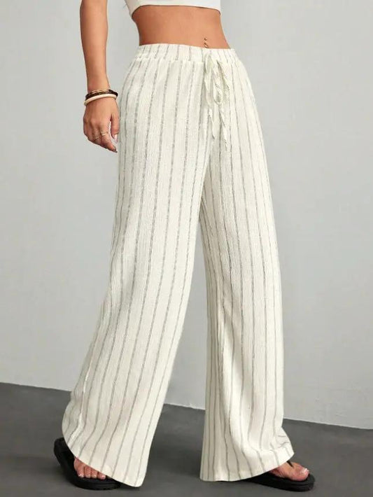 Textured Striped Wide-Leg Pants For Women, Elastic Waist Drawstring Casual Floor-Length Pants by GJG Denim