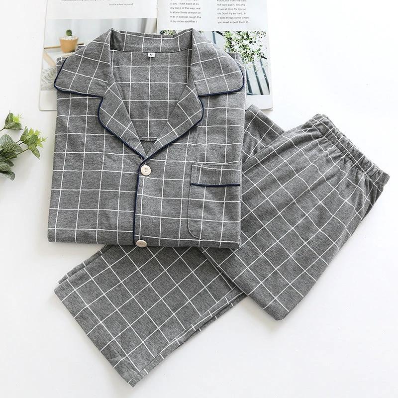 Men's Thin Plaid Long Sleeved Loose Pajamas by GJG Denim
