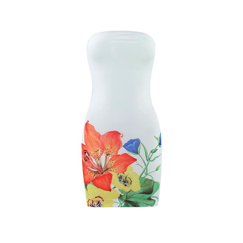 Women's Tube Top Flower Print Slim Sheath Short Dress by GJG Denim