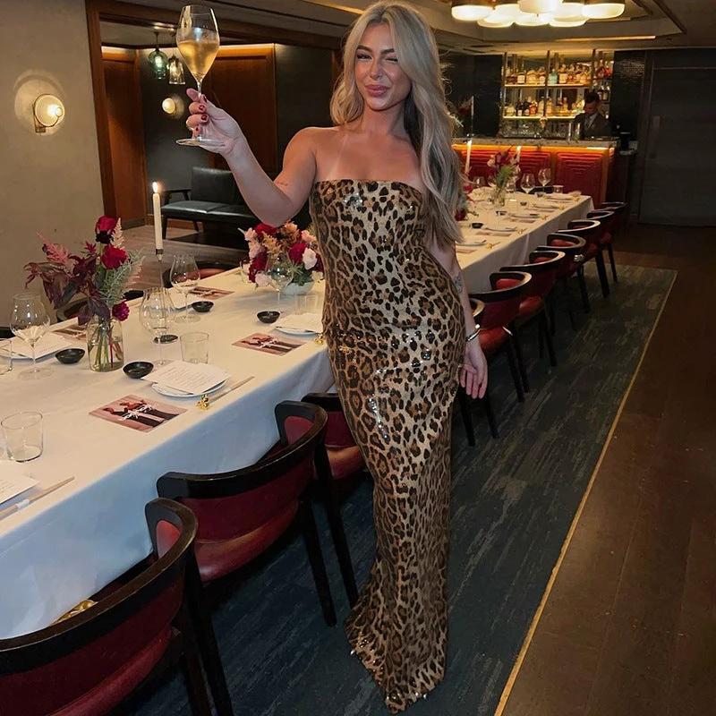 European And American Contrast Color Leopard Print Sexy Tube Top Dress Women by GJG Denim