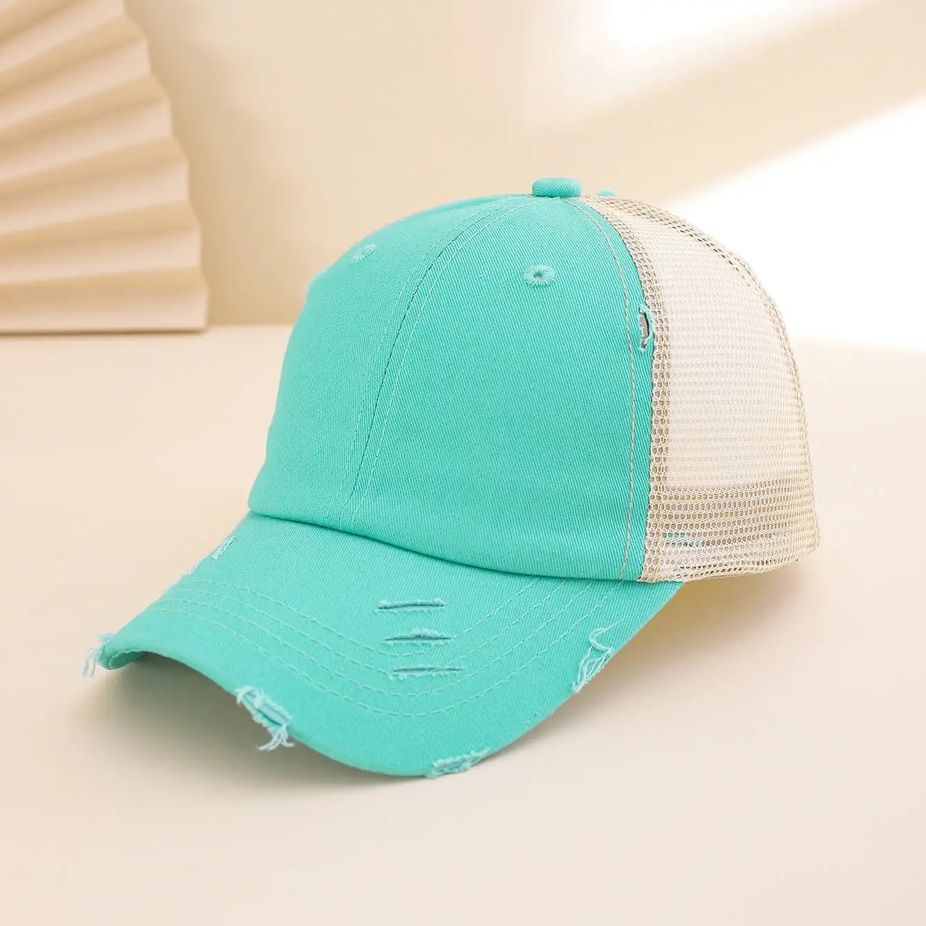 Solid-color, Frayed, Washed-out, Distressed, Mesh-patterned Cap - A Trendy, Youthful, Versatile Baseball Cap That Suits Both Daily Commuting And Outdoor Activities. by GJG Denim