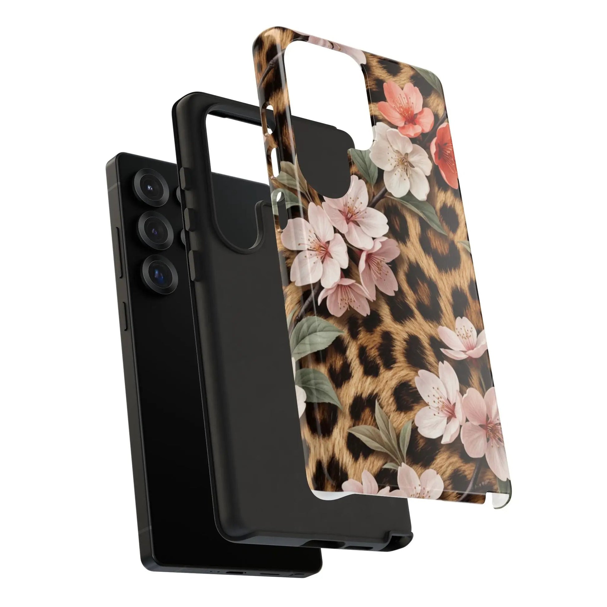 Leopard Floral Tough Case — Protective Phone Case with Pink Cherry Blossoms by Printify
