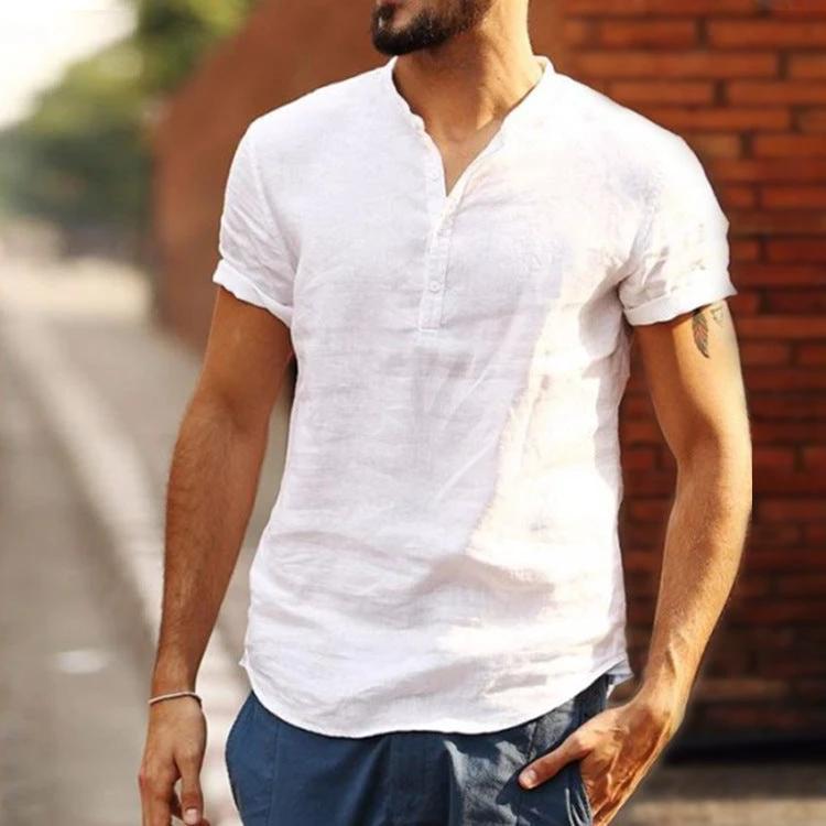 Men's Stand Collar Cotton Linen Short Sleeve Shirt by GJG Denim