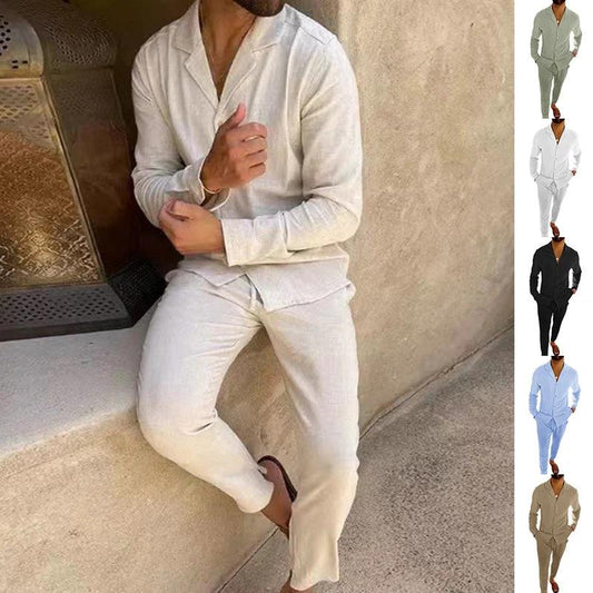 Casual Long-sleeved Suits Fashion Lapel Single-breasted Shirt Top And Slim-fit Trousers Men Clothing by GJG Denim