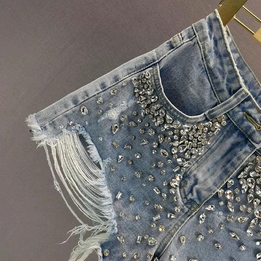 Ripped Rhinestone Denim Shorts by GJG Denim
