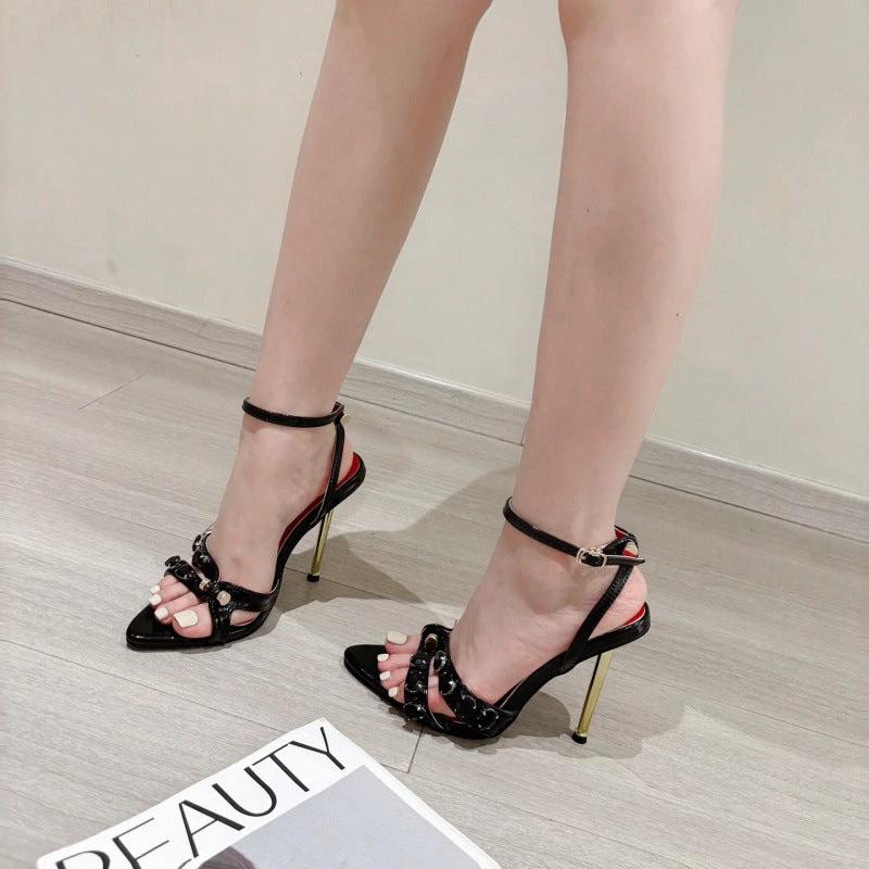 Pointed Toe Plated Stiletto Ultra High Heel Sandals Large Size by GJG Denim