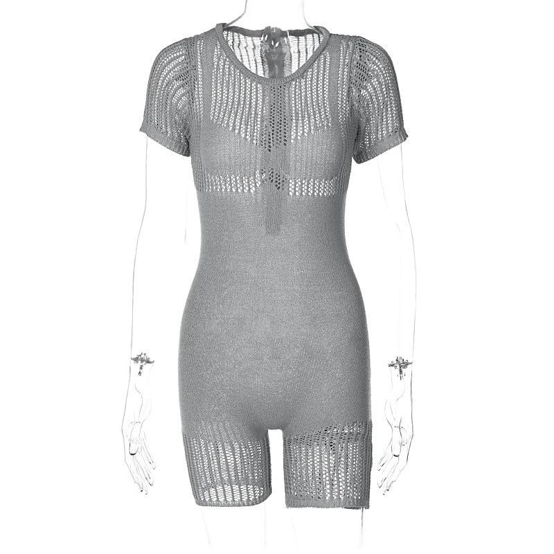 Women's Zipper Hollow-out Tight Hip Lifting Knitted Short Romper by GJG Denim