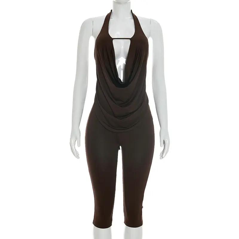 Womens Solid-color Spicy-chic Slimming Draped-neck Halter Set by GJG Denim