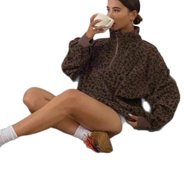 Casual Leopard Print Pattern Corduroy Zipper Sweater by GJG Denim