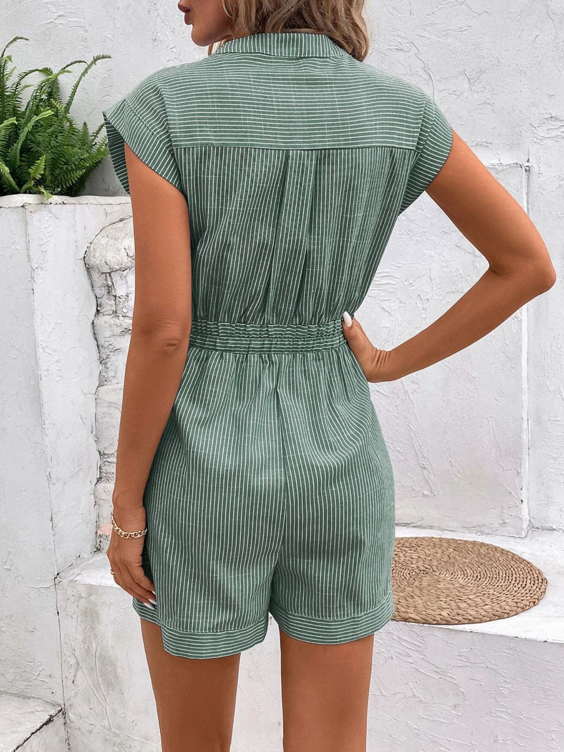 Striped Notched Tie Waist Romper by Lady Ros