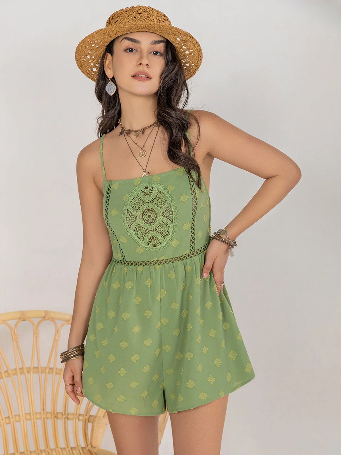 Square Neck Spaghetti Strap Romper by Lady Ros