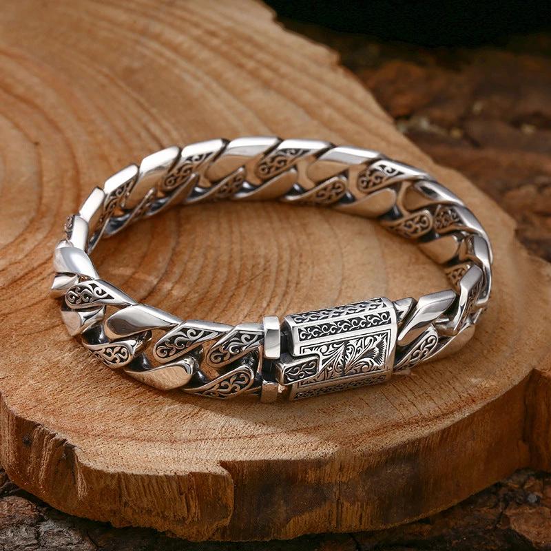 Men's 925 Sterling Silver Tangcao Pattern Cuban Bracelet by GJG Denim