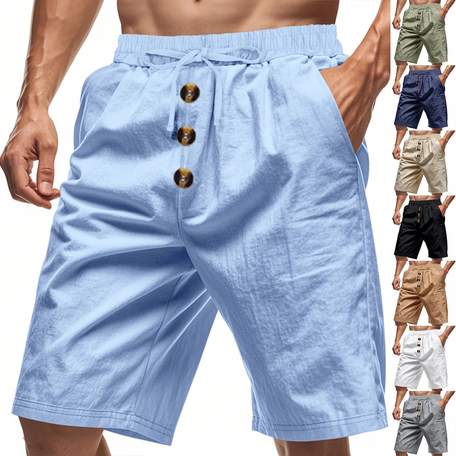 Men's Loose Linen Casual Button Cropped Shorts by GJG Denim