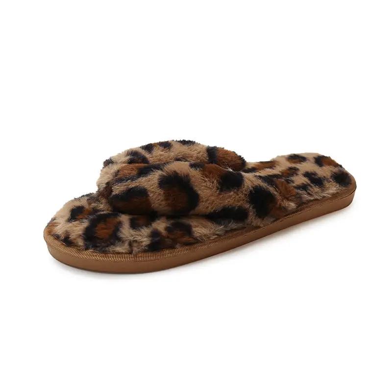 New Leopard Cross Fluffy Slippers Women's Home Indoor Fashion Plush Cotton Slippers Flip-flops Women by GJG Denim