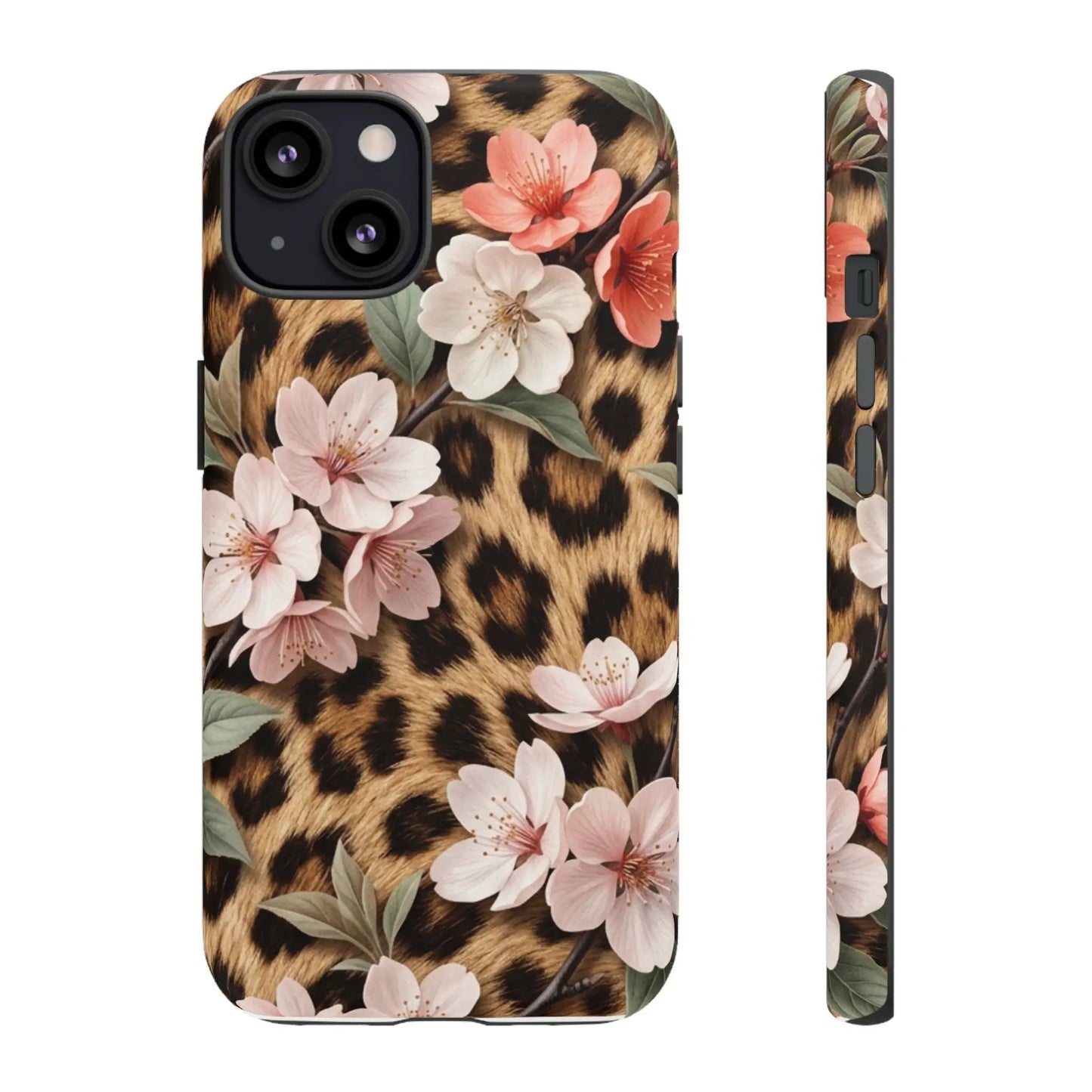 Leopard Floral Tough Case — Protective Phone Case with Pink Cherry Blossoms by Printify