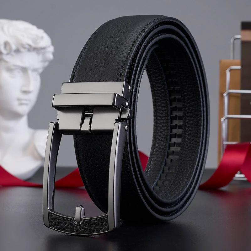 Men's Casual All-match Leather Belt With An Automatic Buckle And A Lychee Grain Pattern by GJG Denim