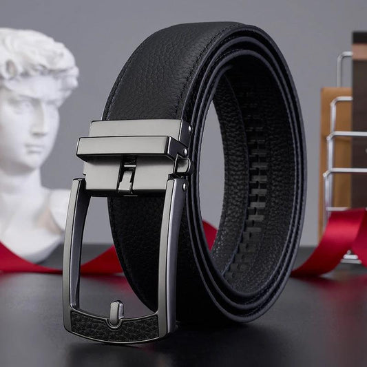 Men's Casual All-match Leather Belt With An Automatic Buckle And A Lychee Grain Pattern by GJG Denim