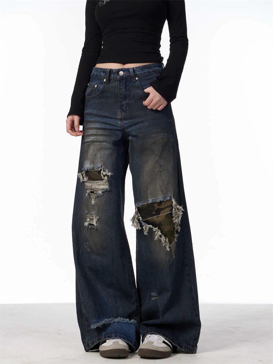 Distressed Camouflage Patch Ripped Jeans Women Loose Straight-leg Wide-leg Pants by GJG Denim