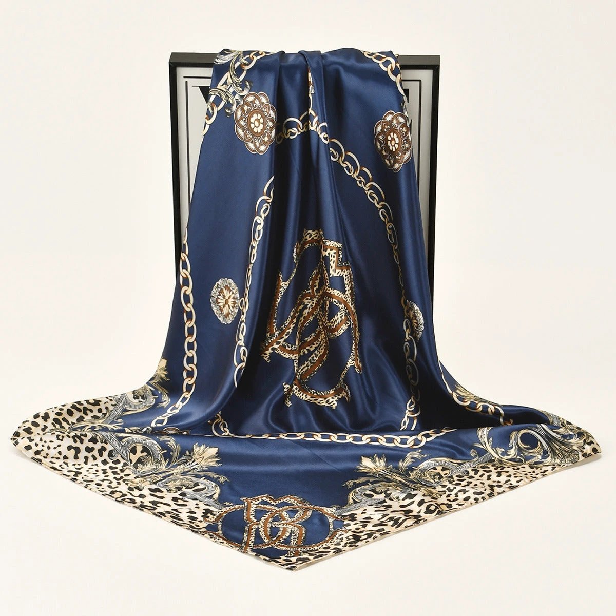 Leopard-print Chain Decorative Satin Scarf by GJG Denim
