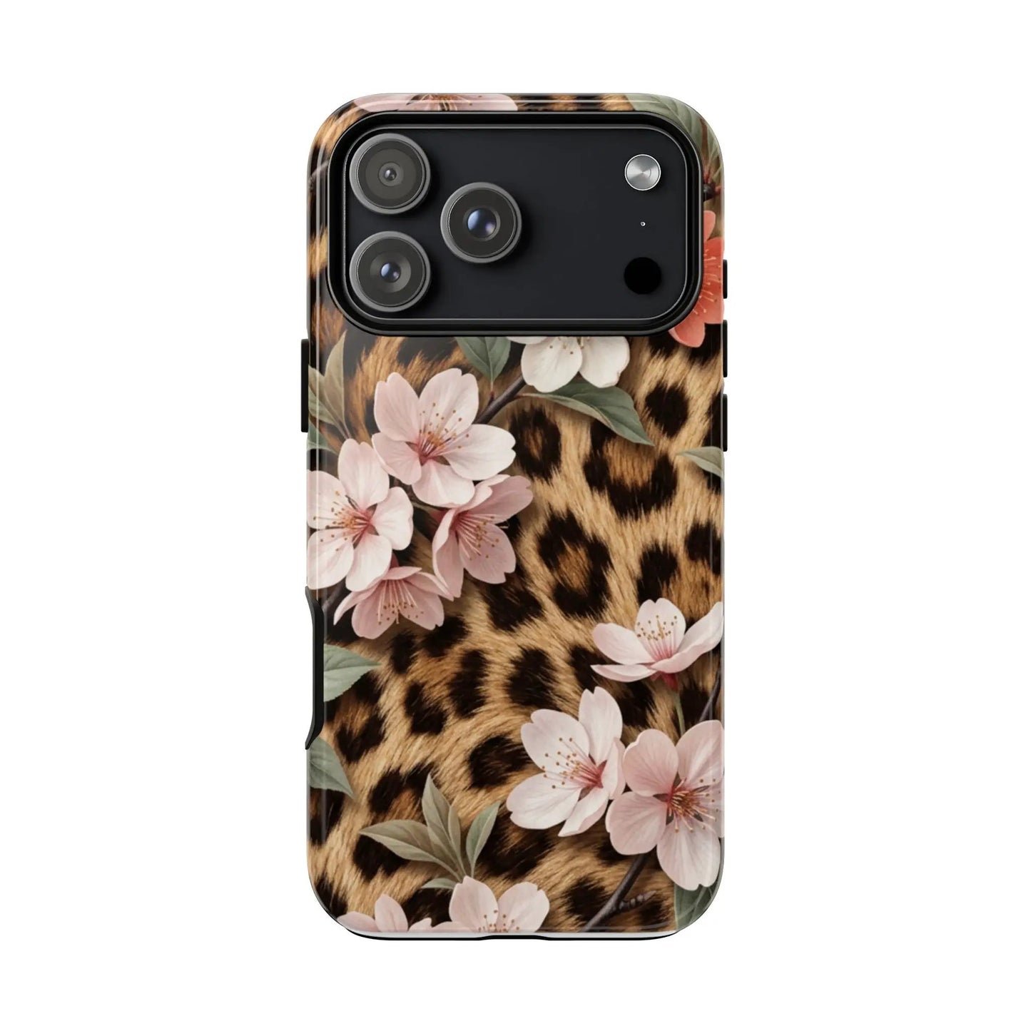 Leopard Floral Tough Case — Protective Phone Case with Pink Cherry Blossoms by Printify