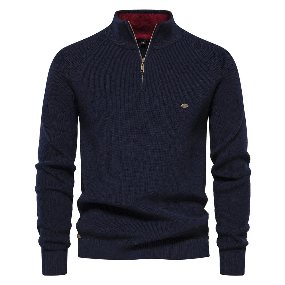 Men's Zipper Stand Collar Knitted Sweater Fashion Slim Solid Color Long Sleeve Half Turtleneck Top Men's Clothing by GJG Denim