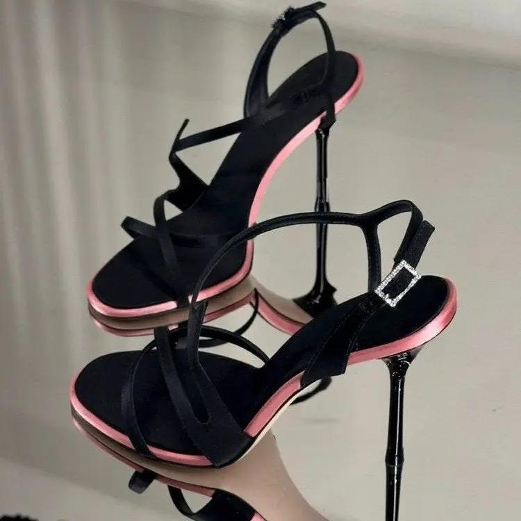 Chuyuji Black Stiletto High Heels 2026 New Summer Open Toe One Strap Satin Color Block Elegant Dating Sandals by GJG Denim