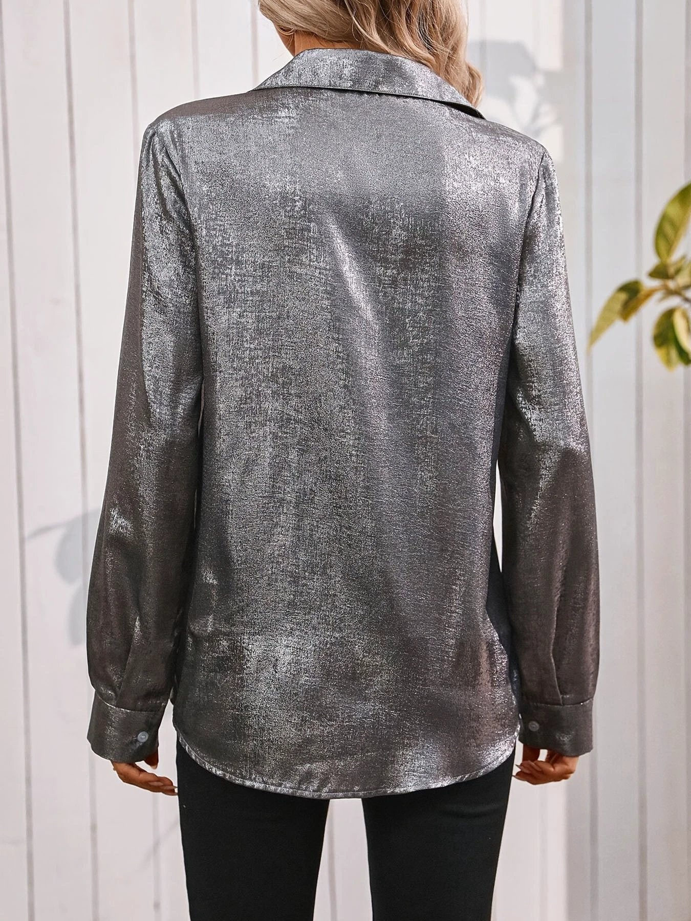 Satin Minimalist Long Sleeved V-Neck Button Pocket Daily Shirt - Women's Casual Top by GJG Denim