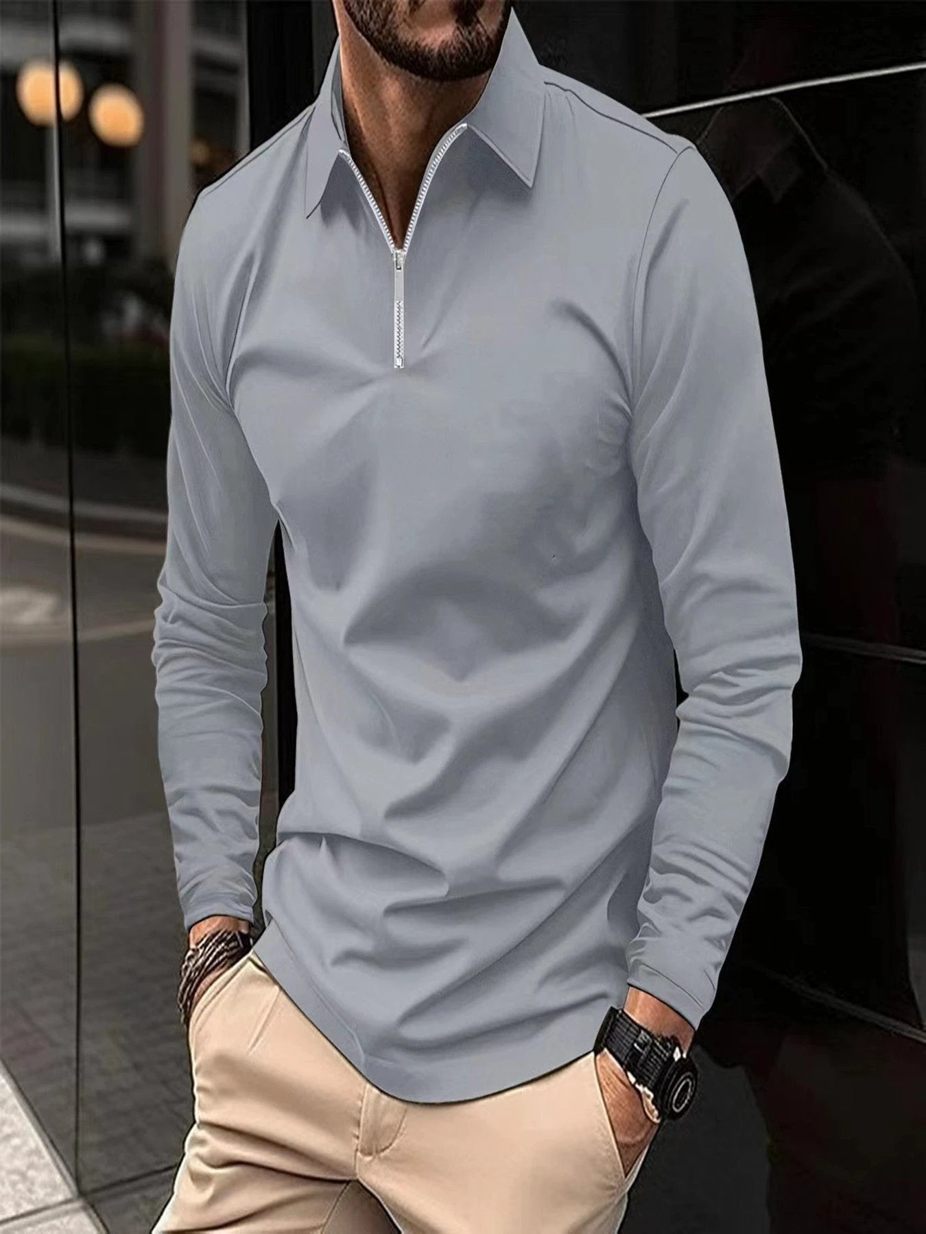 Zipper Men's Solid Color Long Sleeve Sports Polo Shirt by GJG Denim