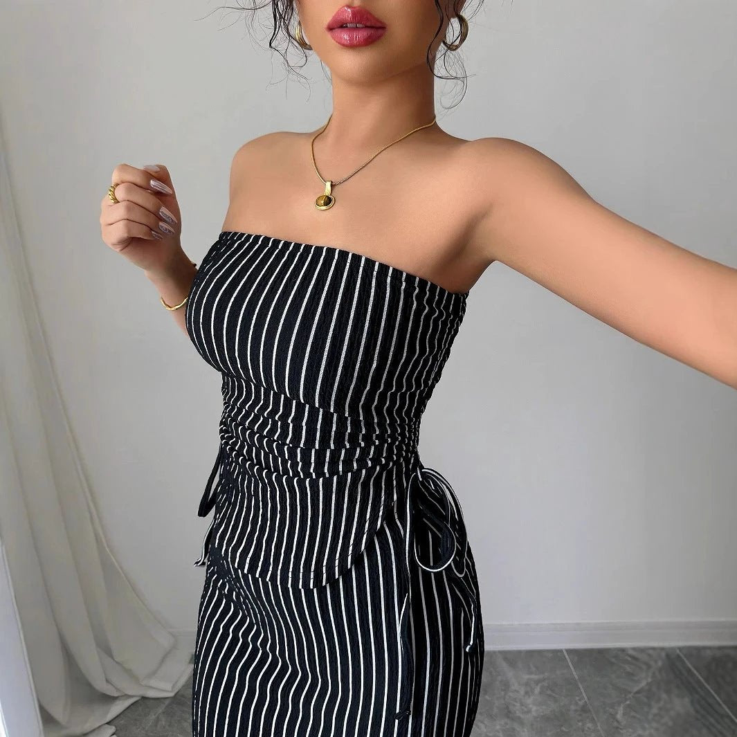 Women's Casual Striped Strapless Tube Top And Sheath Skirt Set by GJG Denim