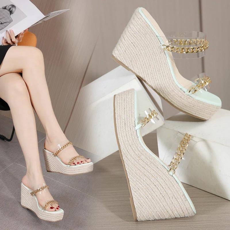 Square Toe Sandals, Wedge Heel, Transparent Film, Metal Chain Sandals by GJG Denim