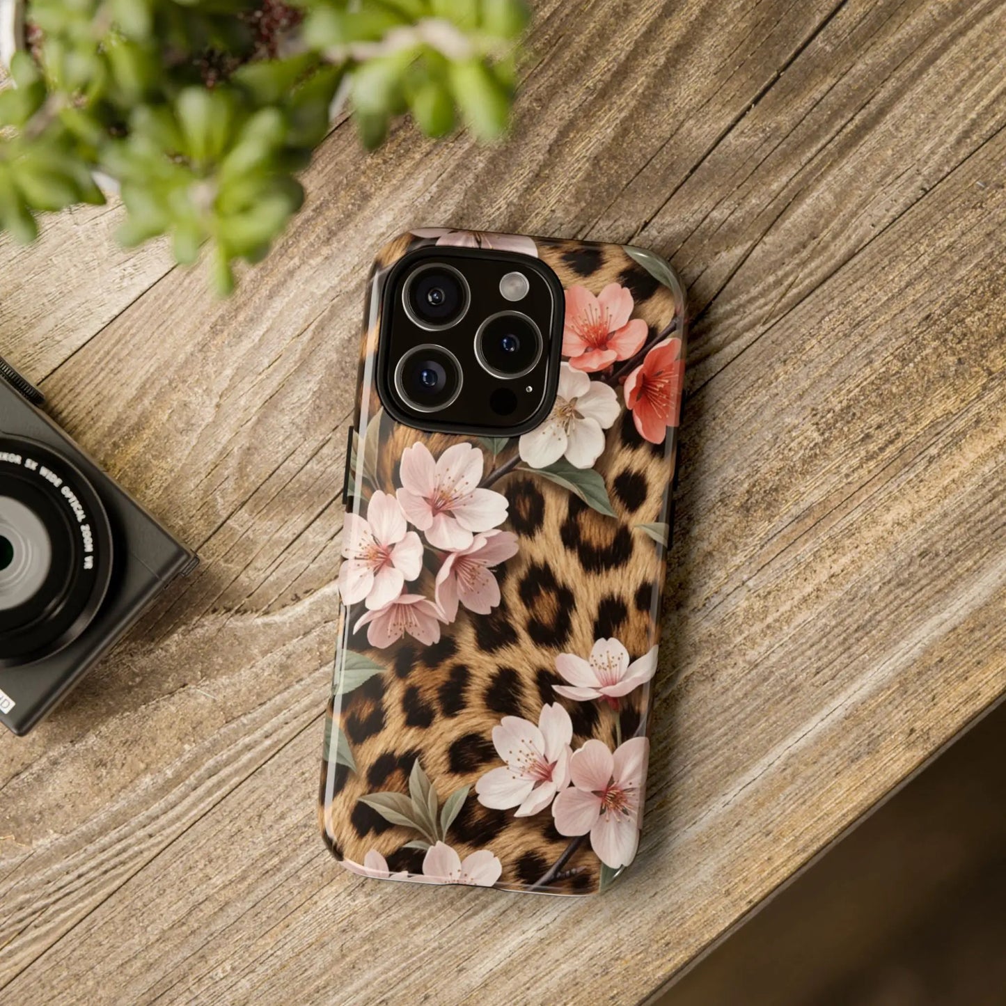 Leopard Floral Tough Case — Protective Phone Case with Pink Cherry Blossoms by Printify