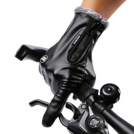 Windproof And Waterproof Zipper Faux Leather Gloves by GJG Denim
