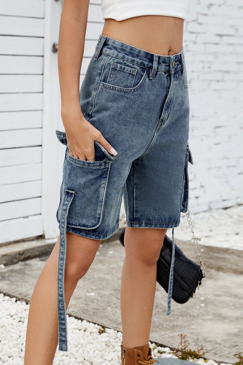 Washed Cargo Denim Shorts by Lady Ros