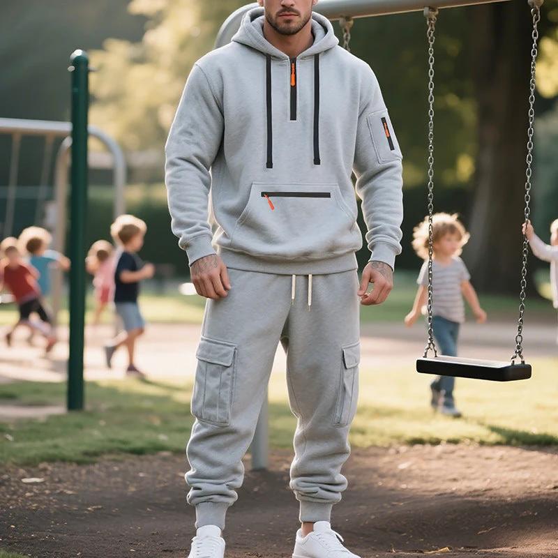 Men's Loose Sports And Leisure Suit Sweater Fleece-lined Hoodie Set Zipper Multi-Pocket Pullover Men's Sports Casual Top Two-piece Set by GJG Denim