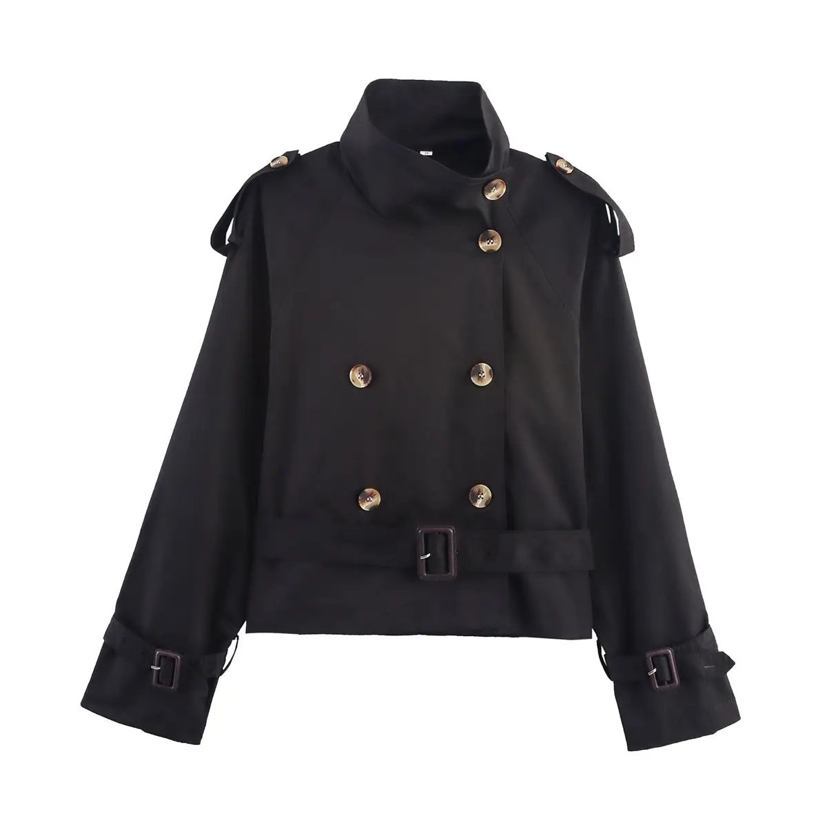 Notch-collar Short Trench Coat For Women With Belt Buckle Detailing by GJG Denim