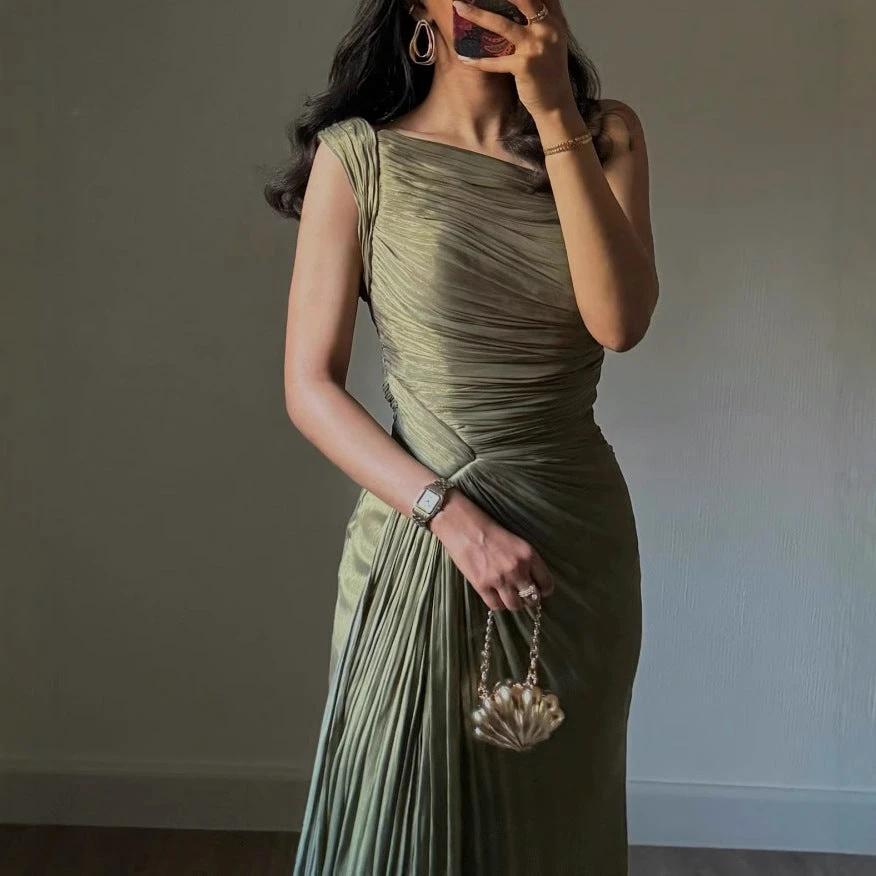 Pleated Ribbon Shiny Evening Dress by GJG Denim