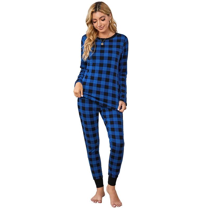 Christmas Long-sleeved Trousers Loungewear Suit Plaid Contrast Color Home Pajamas For Women by GJG Denim