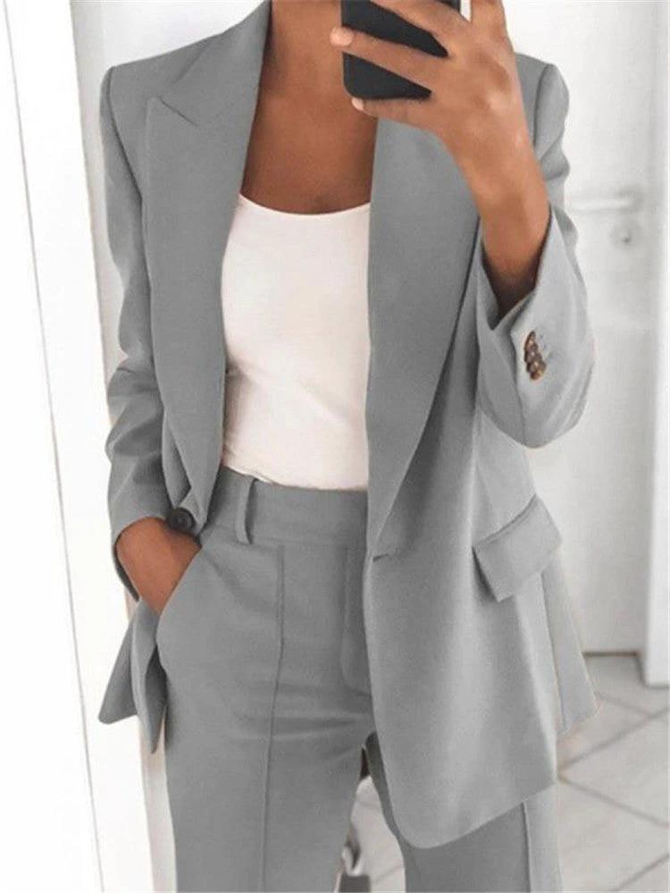 Ins Button Casual Suit Fashion Long-sleeved Lapel Blazer Jacket And Slim-fit Pocket Trousers For Women Clothing by GJG Denim