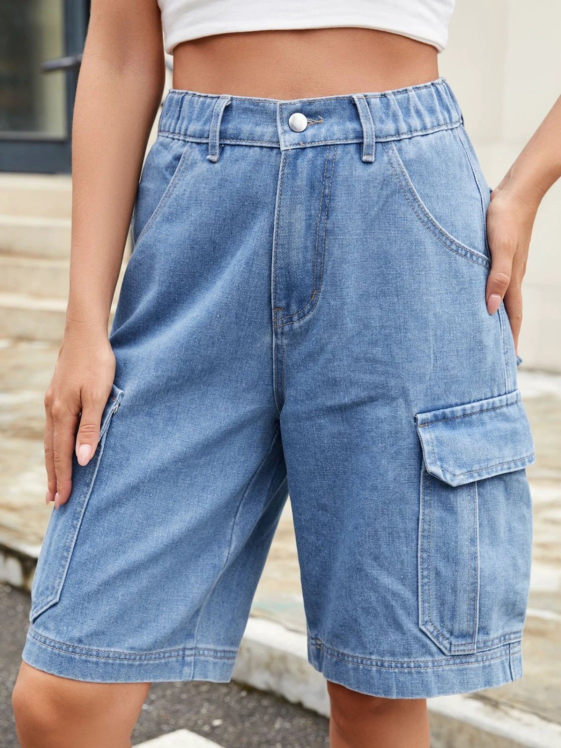 High Waist Denim Shorts with Pockets by Lady Ros