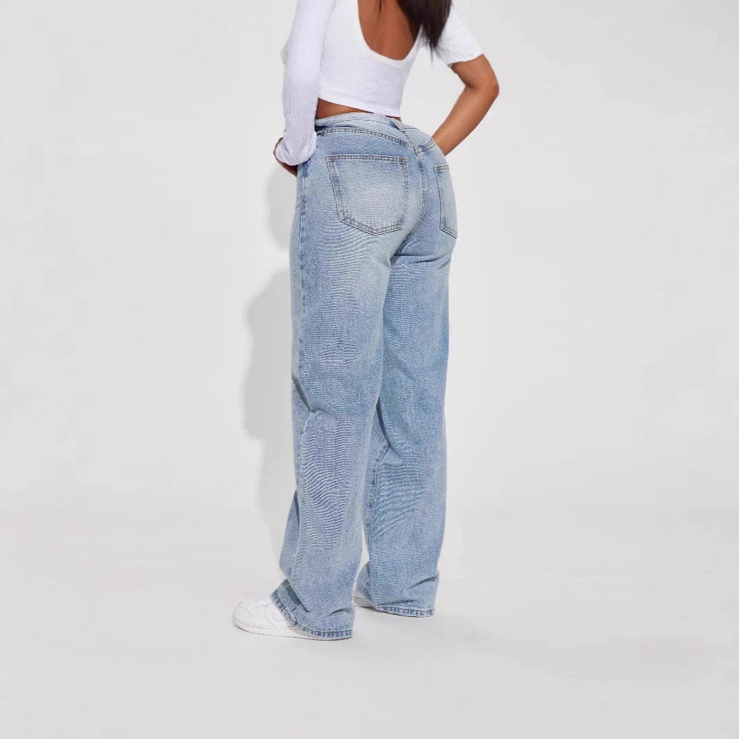 Euro-American Cross-Border Light Blue High-Waist Straight-Leg Jeans by GJG Denim