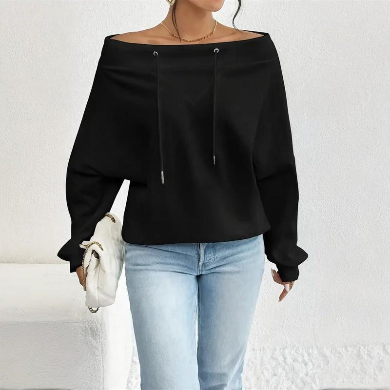 Plus Size Women's Solid Color Off-Shoulder Long Sleeve Pullover With Drawstring - Casual Ribbed Detail Top For Spring&Fall by GJG Denim
