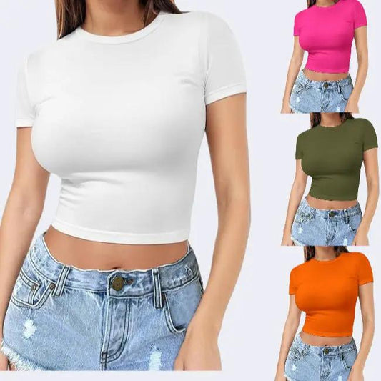 Womens Midriff-baring T-Shirt, Sassy Summer Pullover Top by GJG Denim