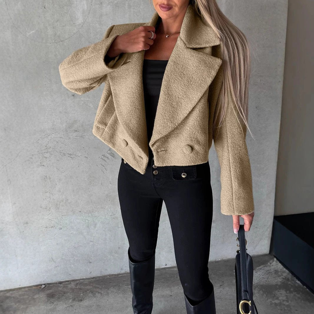 Trendy Woolen Cropped Oversized Coat With A Stand-up Collar In A Solid Color by GJG Denim
