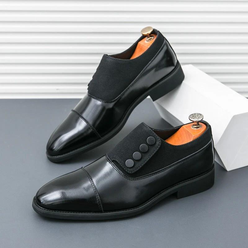 Men's Slip On Low Top Pointed Round Toe Button Leather Shoes by GJG Denim